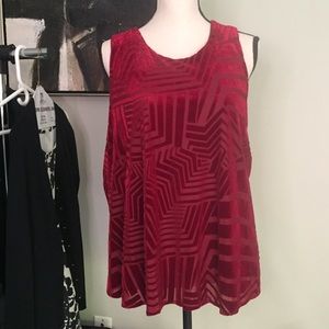 ANTHROPOLOGIE deep ruby red velvet flocked tank top, size XL
